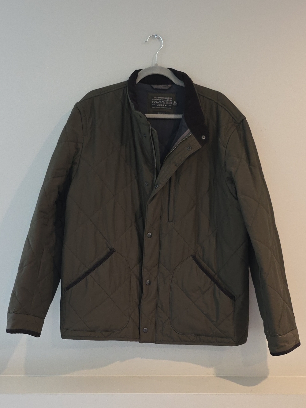 J. Crew Quilted Olive Green Jacket with Contrast Collar